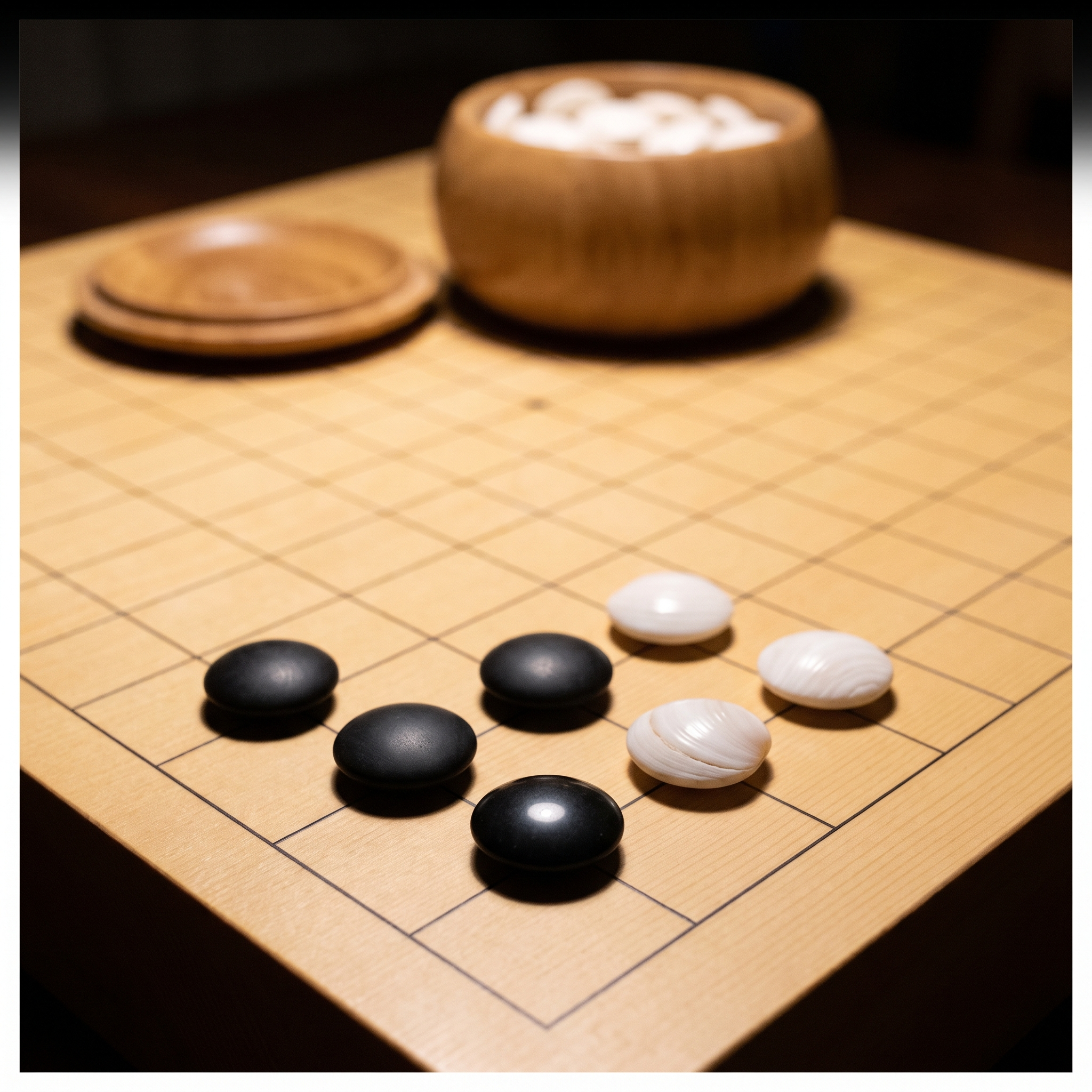 Go stones on a wooden board