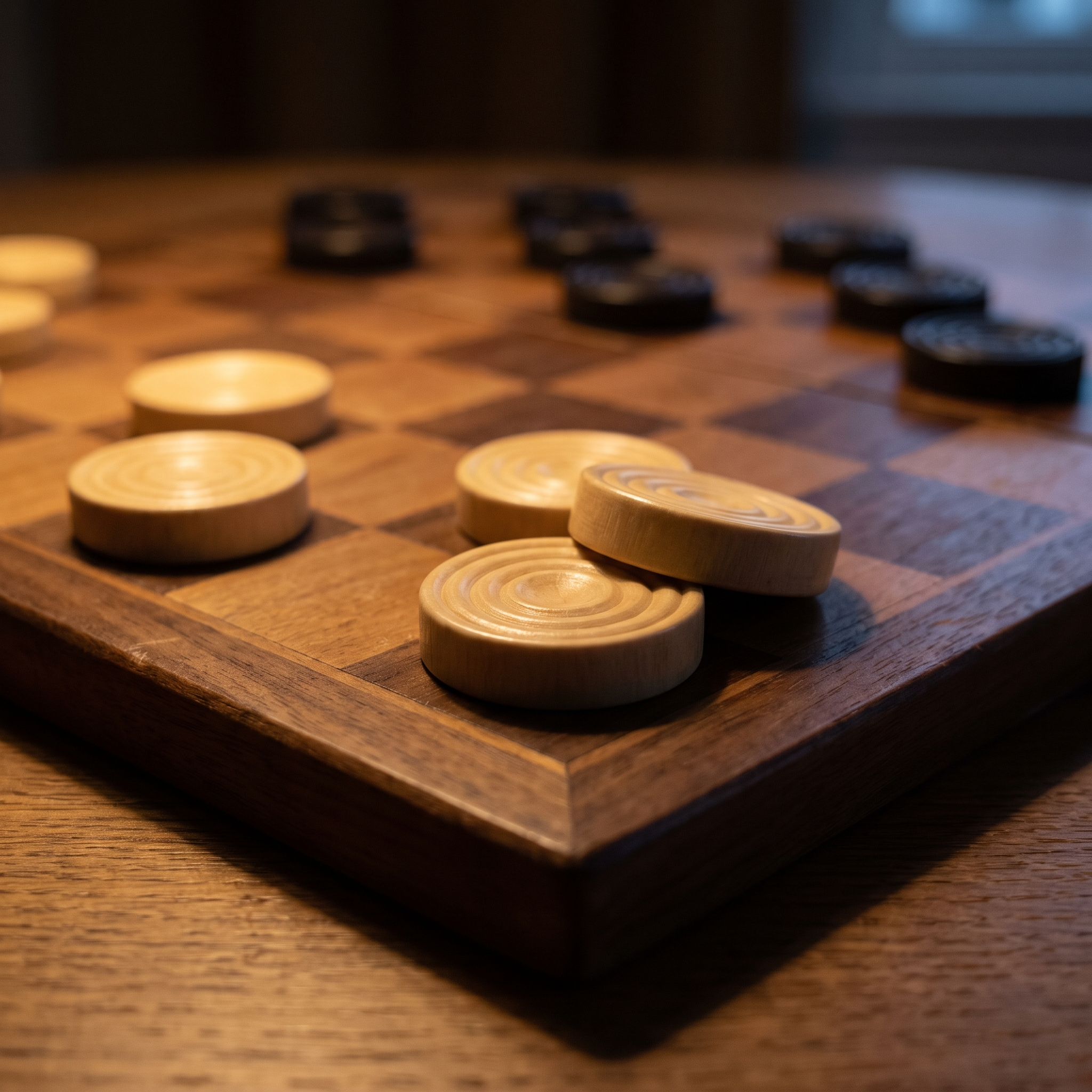 Checkers discs on a wooden board