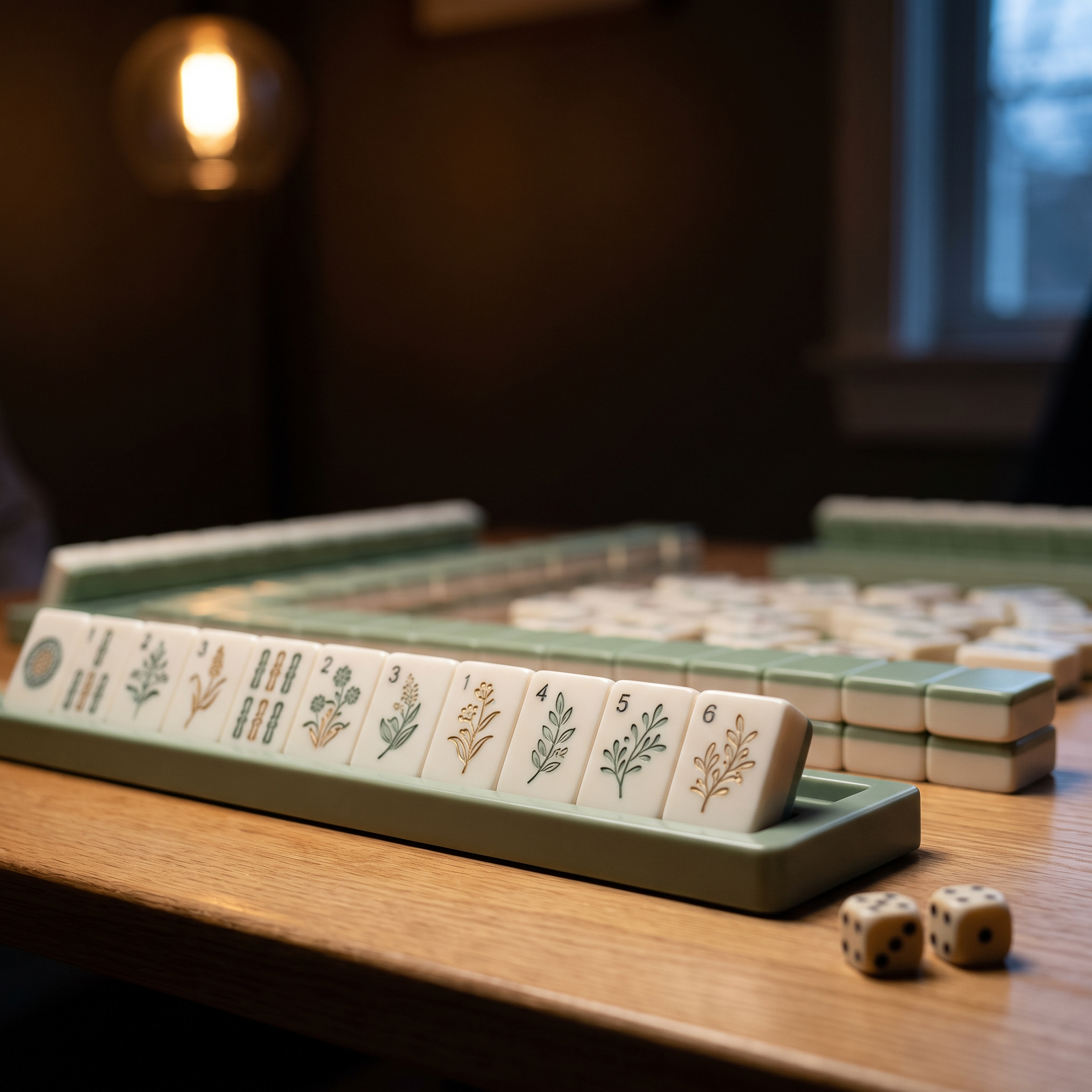 Mahjong tiles on a rack in warm light