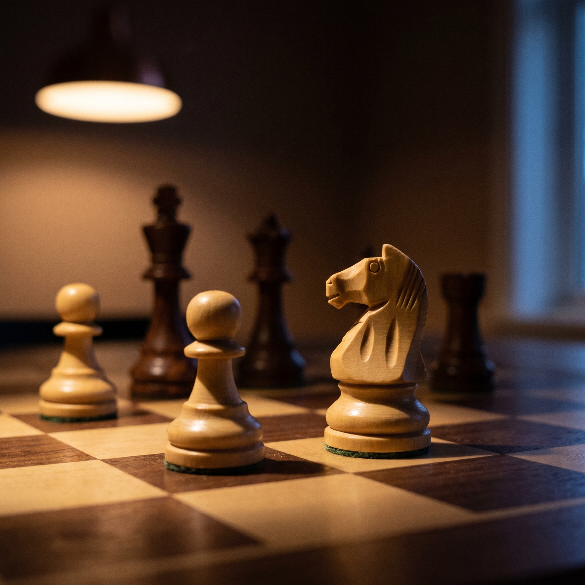 Chess pieces in warm evening light