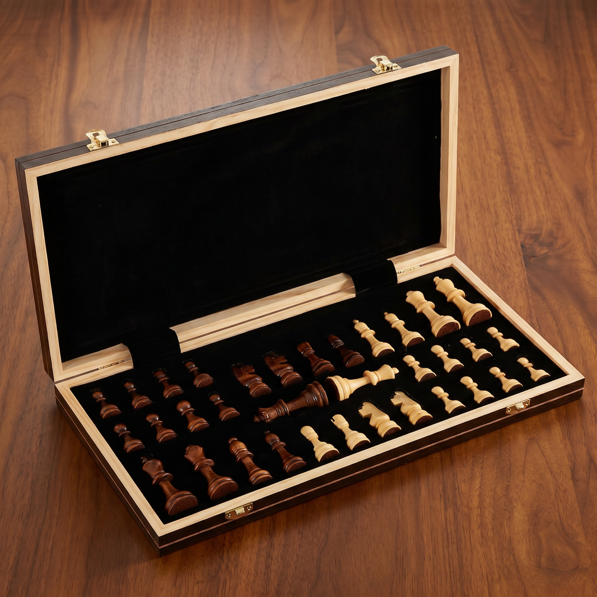 Case open, pieces held in the black felt lining