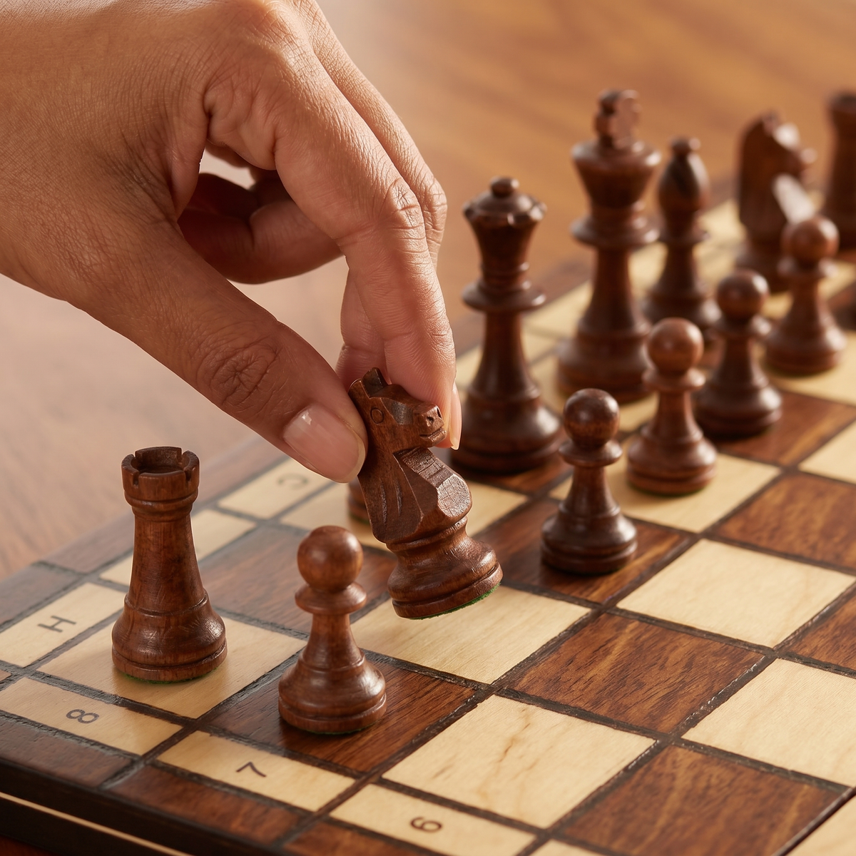 Hand lifting a knight from the board