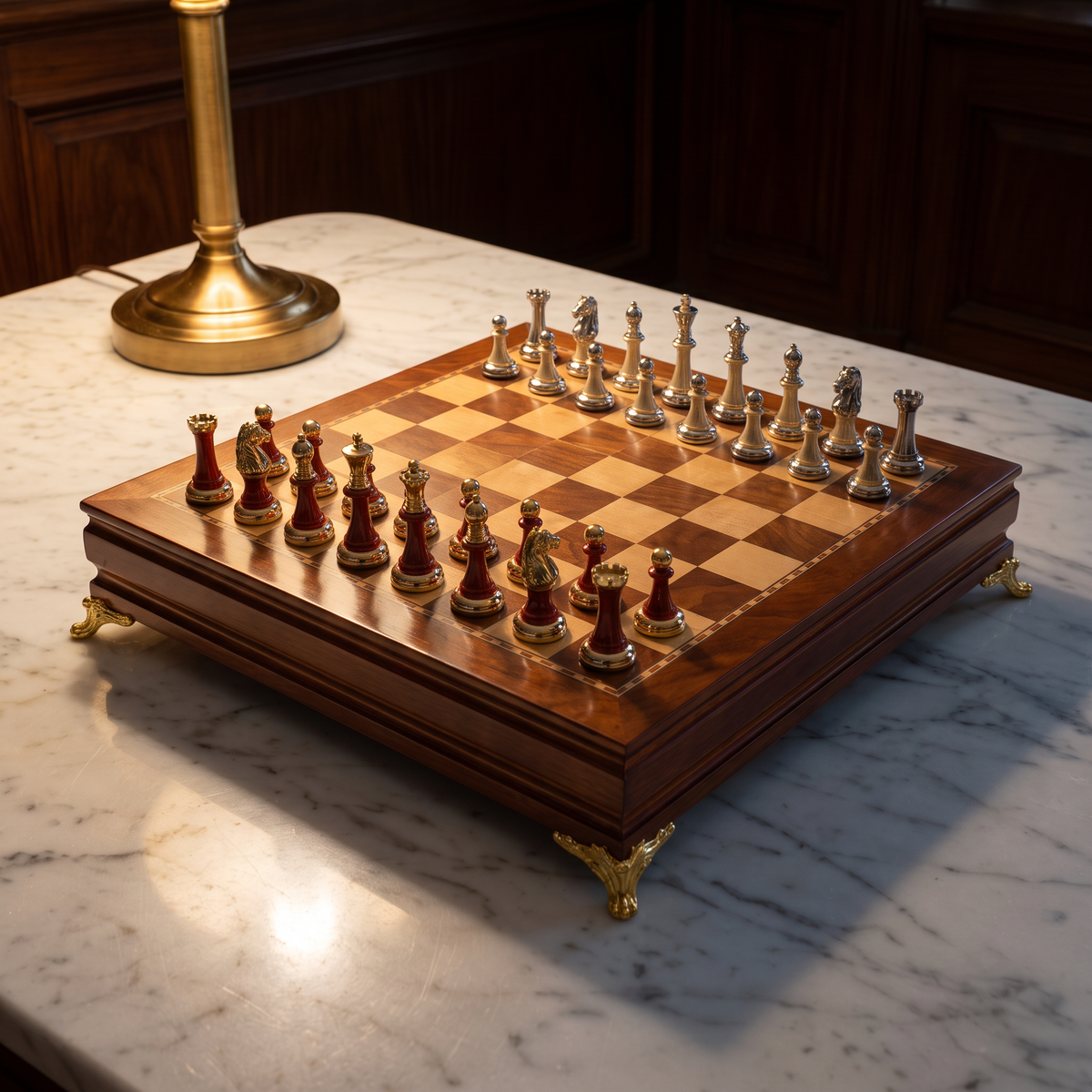 Wooden chess set with storage, inlaid metal pieces, footed board