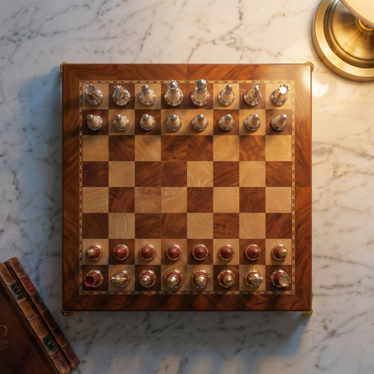 Chess board seen from above, red and silver pieces set out
