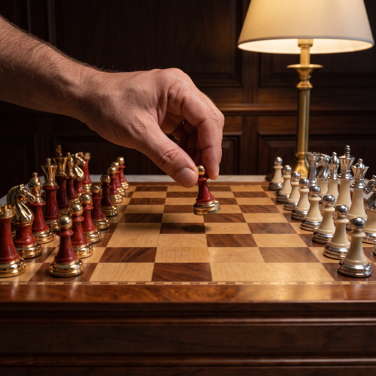 Hand lifting a red and gold pawn on the chess board