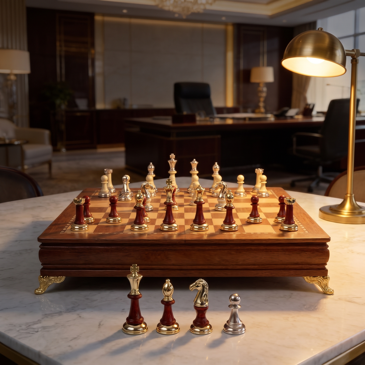 Set on a marble table, four pieces in front of the board