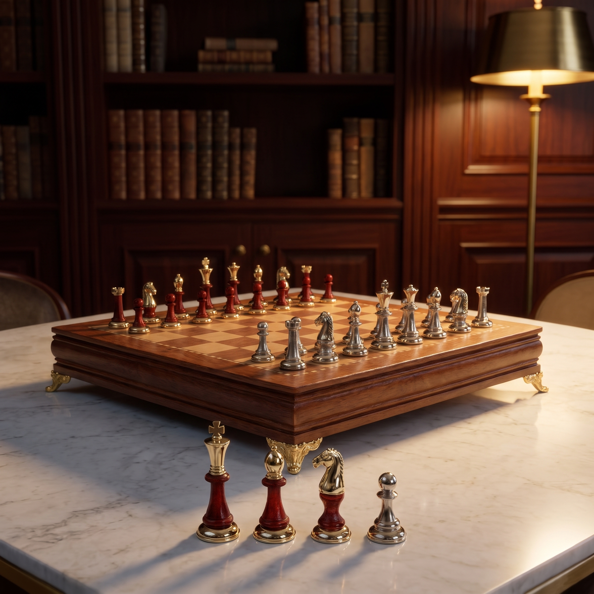 Captured pieces lined up in front of the board
