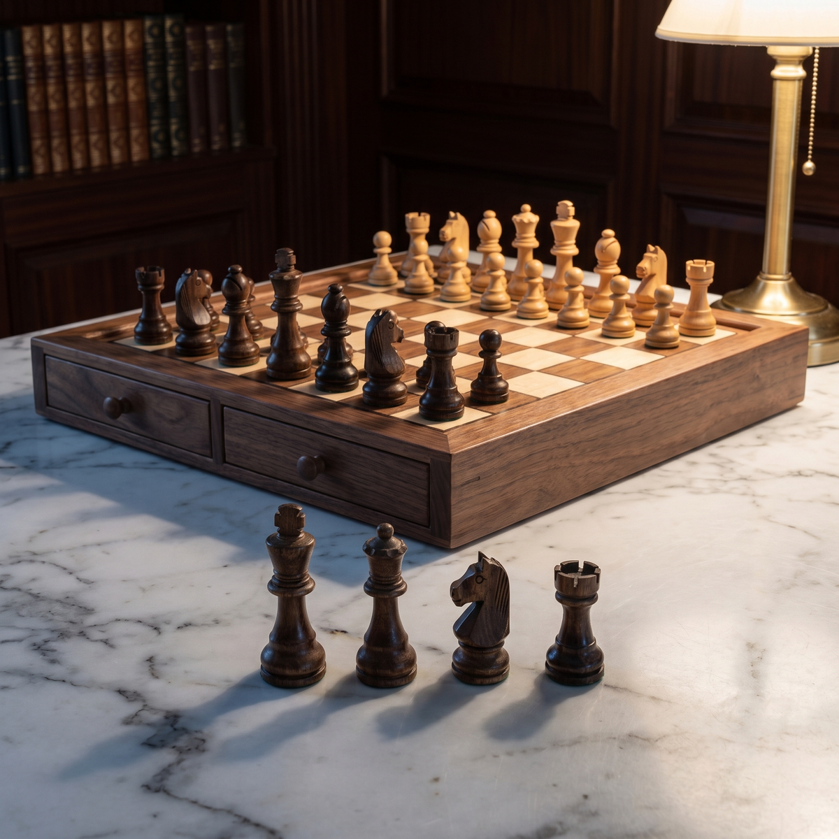 pieces lined up in front of the board