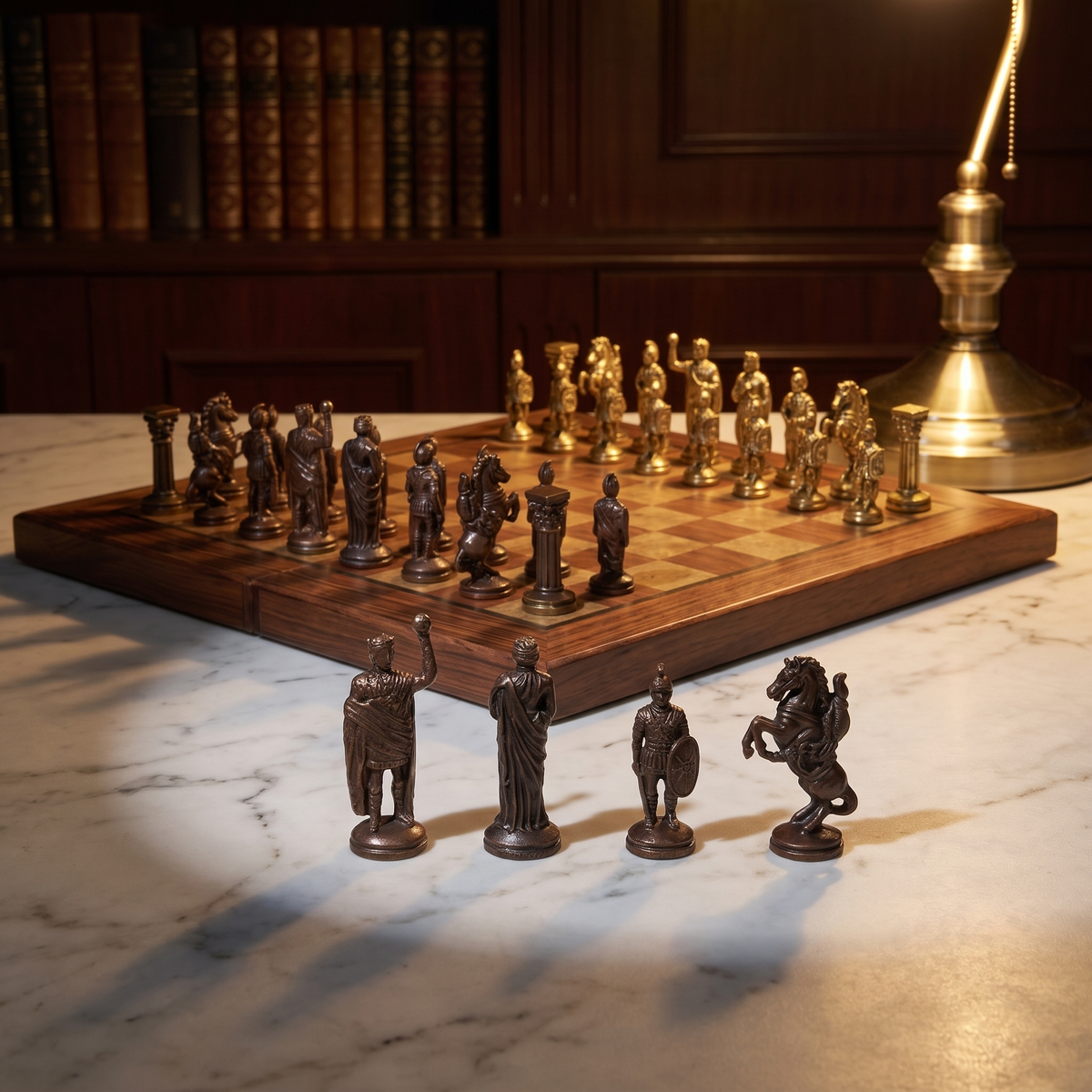 pieces lined up in front of the board