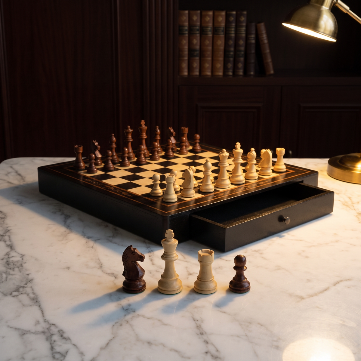 pieces lined up in front of the board