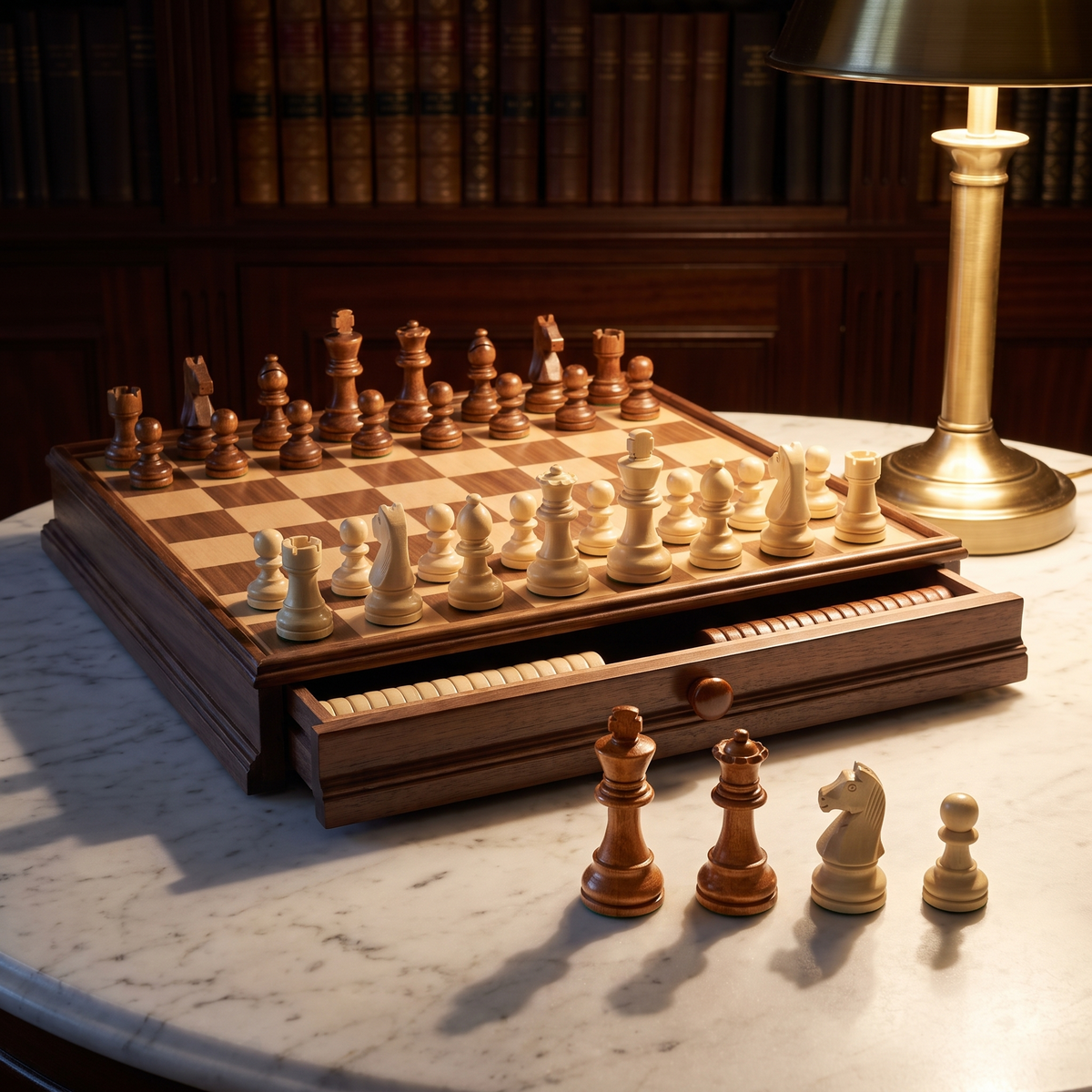 pieces lined up in front of the board