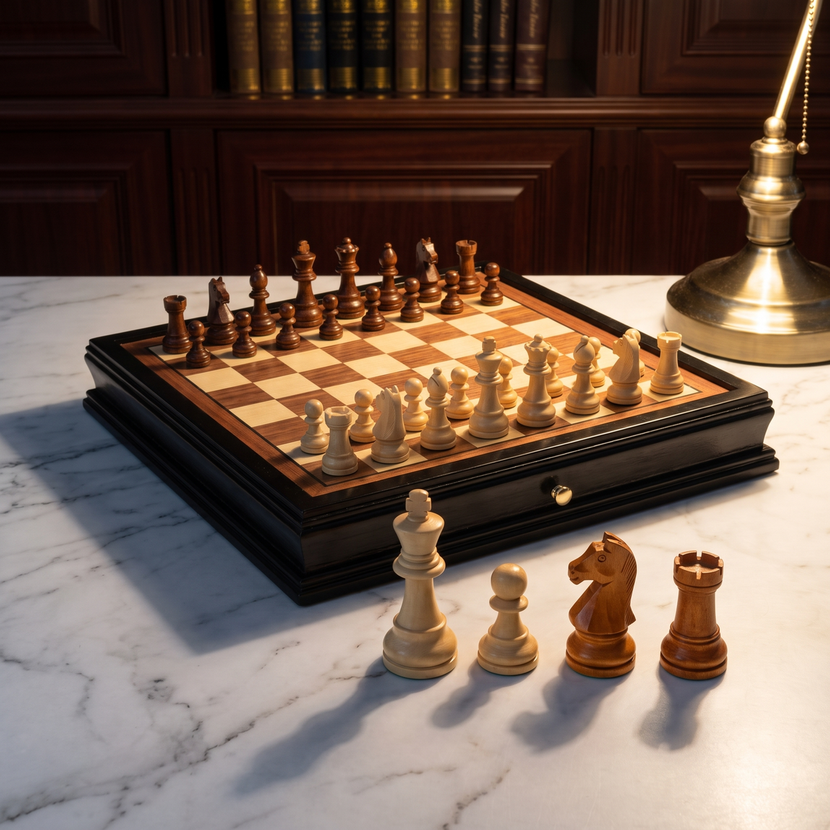 pieces lined up in front of the board